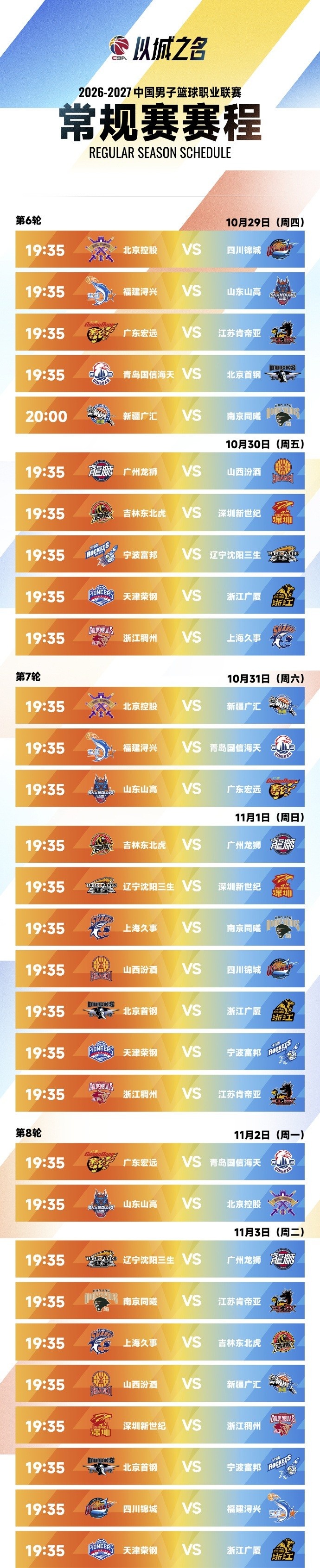 CBA新赛季常规赛完整赛程出炉：10月16日开打 揭幕战上海VS深圳