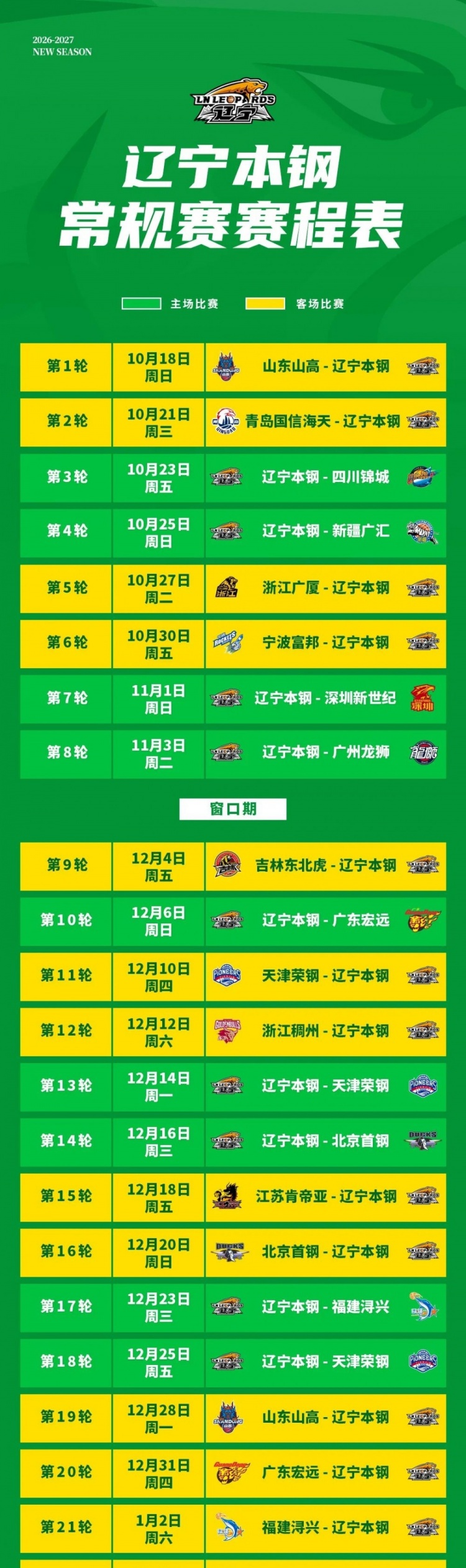 2026-2027赛季辽宁本钢队常规赛赛程来了！