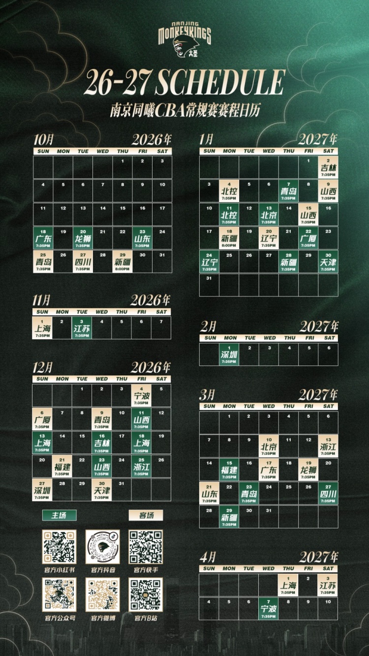 同曦发布新赛季赛程！揭幕战10/16迎战广东 收官战4/7对阵宁波