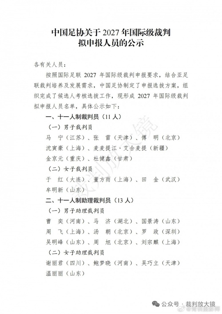 足协公示2027年国际级裁判拟申报人员：马宁、麦麦提江在列
